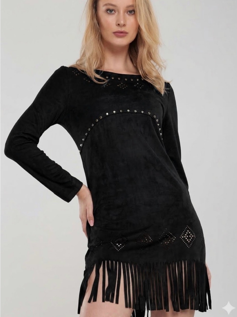 Neslay Design Faux Suede Fringe Long Sleeve Dress Studded Western Boho
